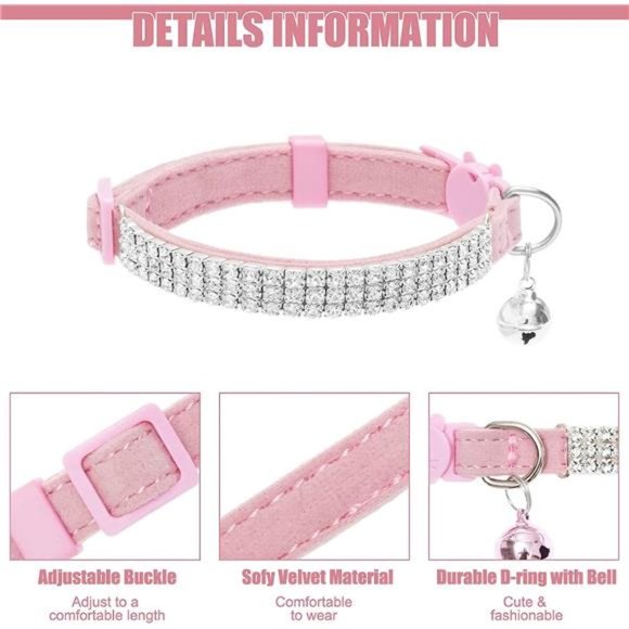 Soft Velvet Safe Cat Collars for Girl Cats -2 Pack Rhinestones Bling Diamante - Picture 2 of 6